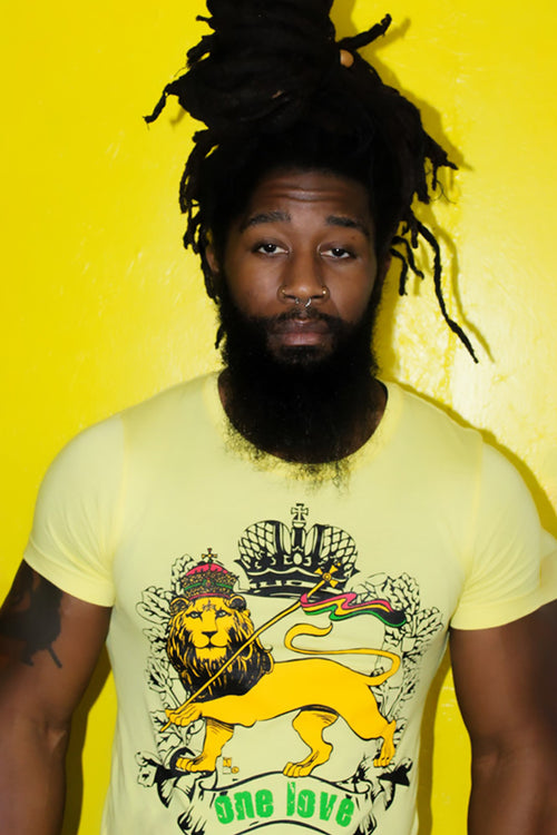 Cooyah Clothing. Men's Lion Crown Rasta T-Shirt in yellow. One Love. Ringspun cotton, crew neck, short sleeve tee shirt. Jamaica. IRIE