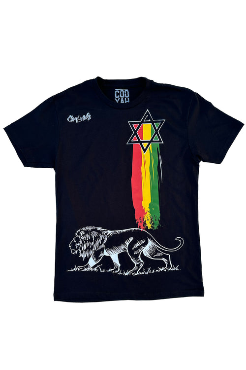 Cooyah Clothing.  Men's Lion Star Graphic Tee.  Rasta Colors.  As a Jamaican owned clothing brand since 1987, we take pride in bringing you this classic top.