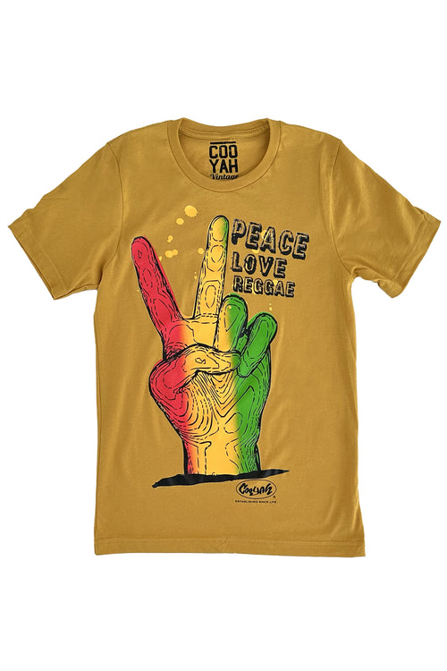 Cooyah. Peace Love Reggae. Men's graphic tee with peace symbol. We are a Jamaican owned clothing brand. Established in 1987.