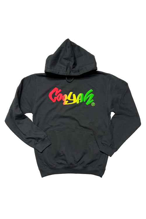 Cooyah Jamaica- Men's Cooyah logo Rasta Puff graphic hoodie.  Soft, warm, and cozy.   Reggae-style fashion.  We are a Jamaican owned clothing brand established in 1987.  IRIE