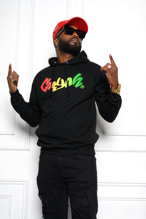 Cooyah Jamaica- Men's Cooyah logo Rasta Puff graphic hoodie.  Soft, warm, and cozy.   Reggae-style fashion.  We are a Jamaican owned clothing brand established in 1987.  IRIE