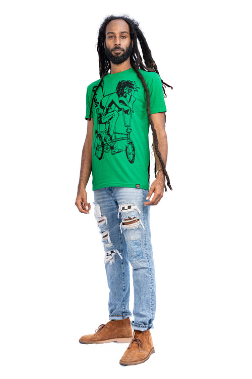 Cooyah Jamaica. Men's Simmer Down T-Shirt featuring a Rastaman on a bicycle design. Ring Spun Cotton, Short Sleeve Green Tee. Jamaican streetwear clothing brand.