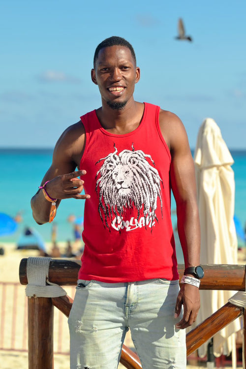 Cooyah Jamaica. Men's red Rasta Dread Lion Tank Top. Jamaican streetwear clothing brand.