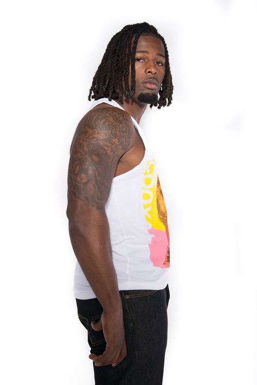 Cooyah Jamaica. Standing Lion Men's Tank Top in white. Jamaican streetwear clothing brand.