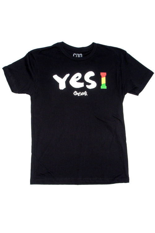 Cooyah Jamaica. Men's short sleeve tee with Yes I graphic.  Black t-shirt screen printed in rasta colors. Reggae style. Jamaican clothing band. IRIE