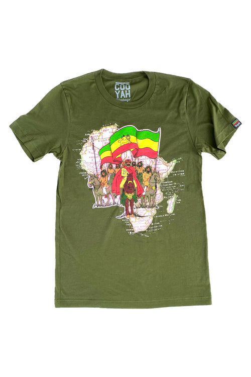 Cooyah Jamaica, Haile Selassie men's olive green short sleeve graphic tee with Ethiopian Flag graphic. Jamaican streetwear clothing. Rasta