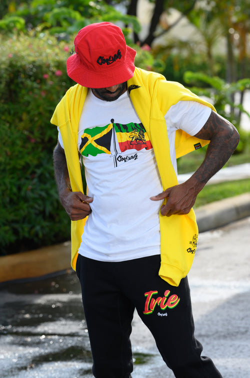 Cooyah Clothing, men's graphic tee with Ethiopian and Jamaican flag screen printed on ringspun cotton. Rasta design.