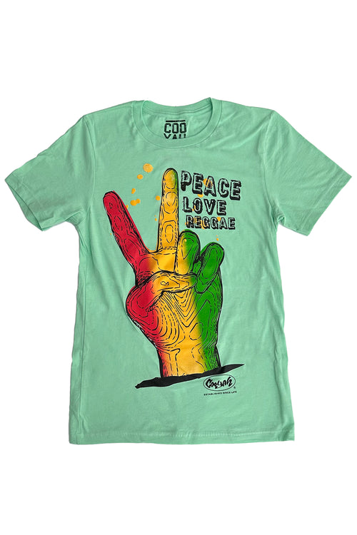 Cooyah. Peace Love Reggae. Unisex graphic tee with peace symbol. '70s rasta style.  We are a Jamaican owned clothing brand. Established in 1987.