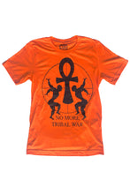 Load image into Gallery viewer, Cooyah No More Tribal War men&#39;s graphic tee in orange. Crew neck, short sleeve, ringspun cotton. Jamaican streetwear fashion. Ankh symbol Shirt
