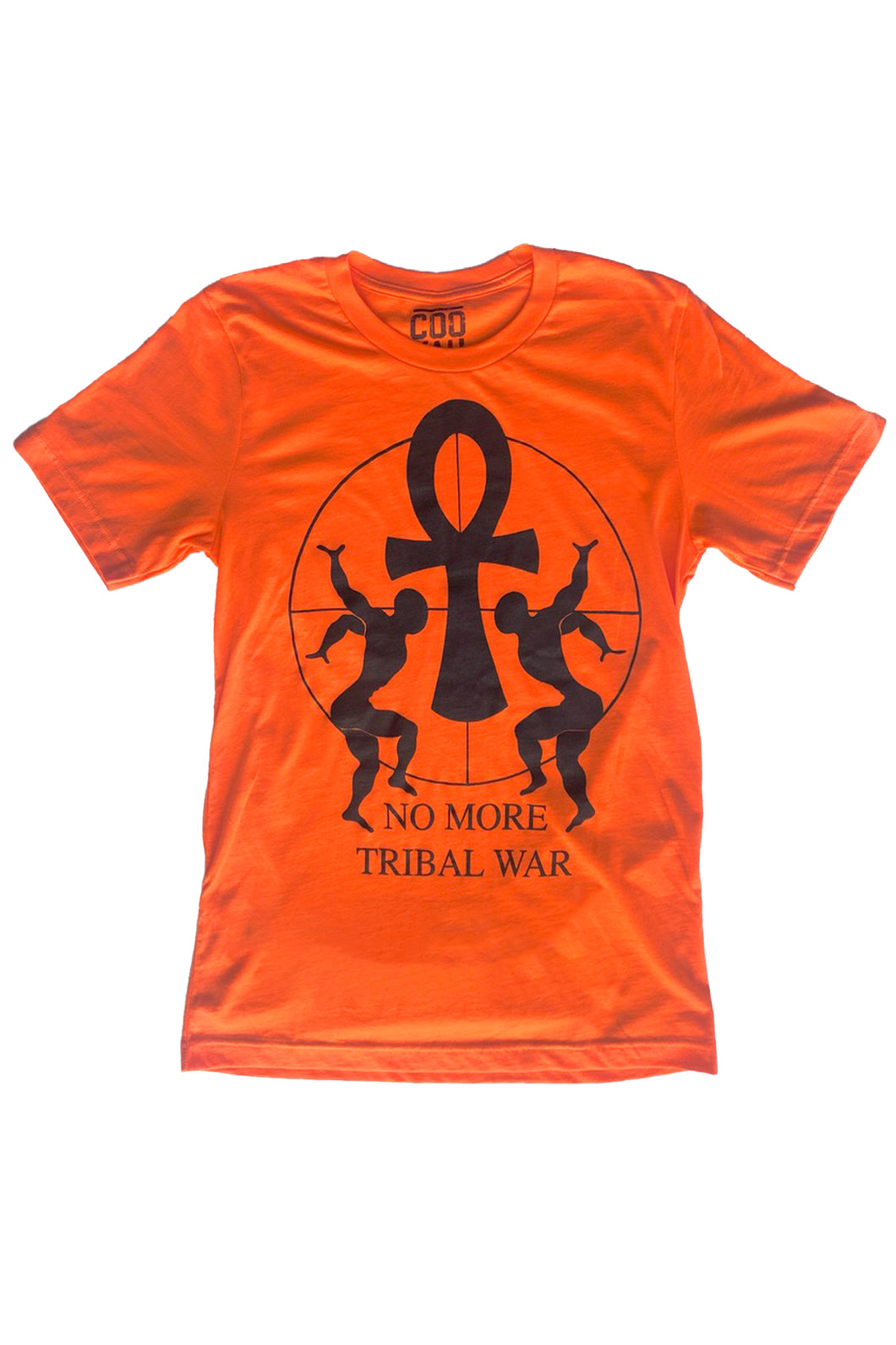 Cooyah No More Tribal War men's graphic tee in orange. Crew neck, short sleeve, ringspun cotton. Jamaican streetwear fashion. Ankh symbol Shirt