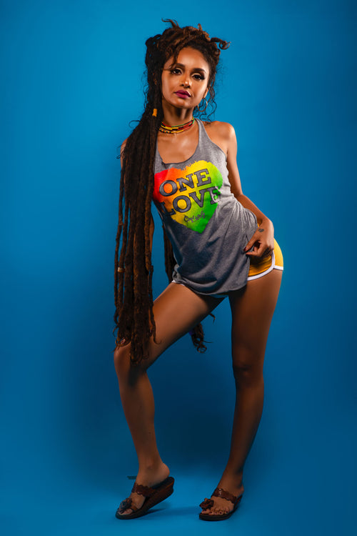 Cooyah Jamaica. Women's Rasta One Love Heart tank top in silver. Reggae style design. Jamaican clothing brand.