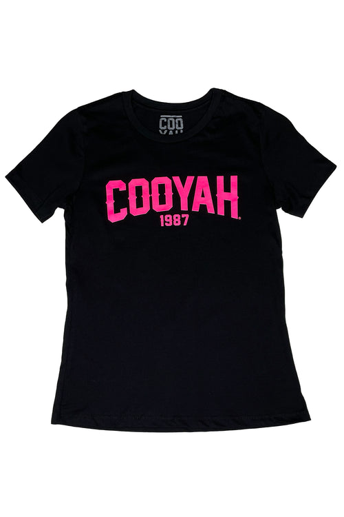 Cooyah.  Womens black graphic tee with hot pink neon print.  