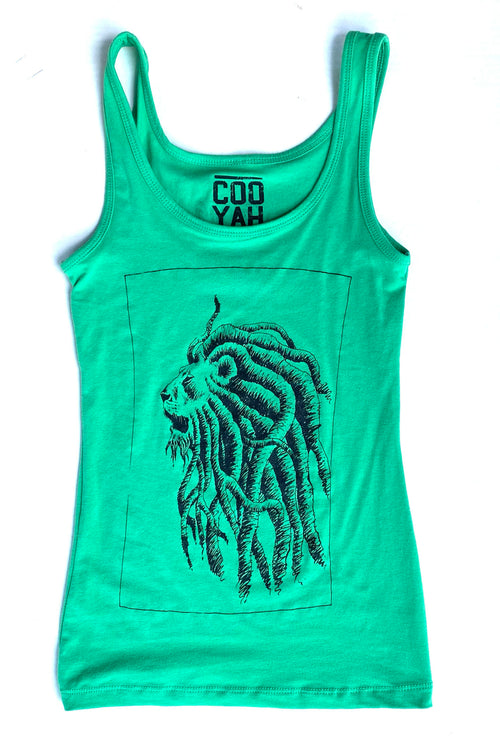 Classic Cooyah Hand-Drawn Rasta Lion Tank Top in green 