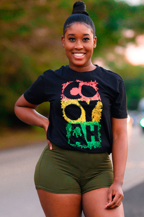 Cooyah Clothing women's graphic Tee Shirt, Ring Spun, Crew Neck in reggae colors. Jamaican clothing brand.