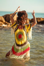 Cooyah Jamaica.  Women's crochet beach Dress in rasta colors.  We are a  Jamaican owned swimwear clothing brand.