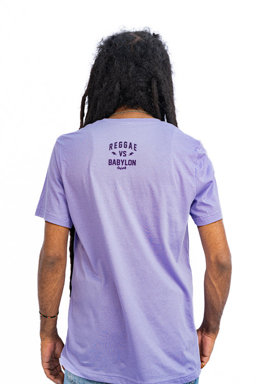 Reggae VS Babylon. Men's graphic tee in purple. Cooyah Jamaica. Men's short sleeve Reggae t-shirt. Ringspun, crew neck shirt. Jamaican streetwear clothing. IRIE