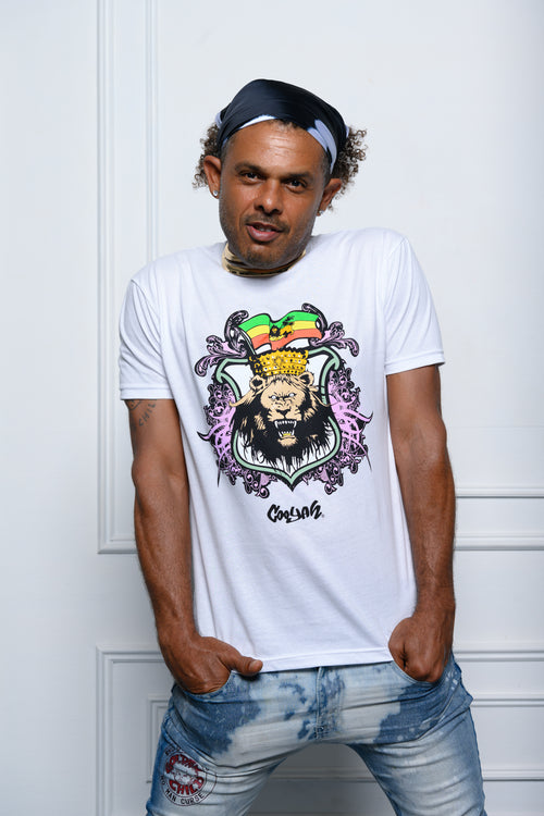 Cooyah Jamaica. Men's white crew neck graphic tee with Ethiopian Flag and Lion design on soft ring spun cotton.