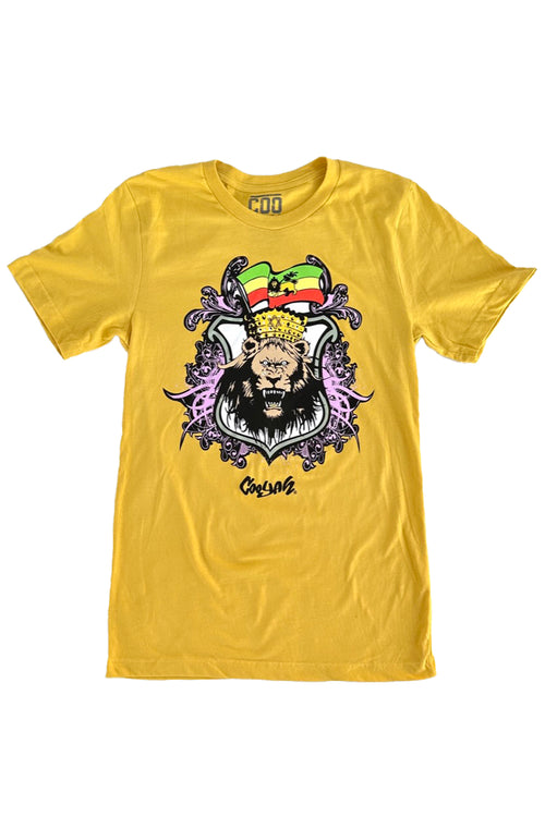 Cooyah Clothing, Men's Rasta Lion short sleeve graphic tee in yellow. Jamaican streetwear Ethiopia Flag T-Shirt