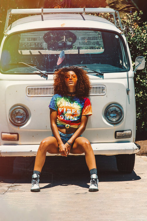 IRIE Vibes Only Tee.  Screen printed on 100% rinspun cotton, short sleeve t-shirt.  Colorful women's tie-dye shirt. Cooyah the official reggae clothing brand since 1987.