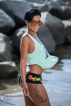 Cooyah Jamaica black panties with logo in reggae colors. Women's beachwear fashion since 1987.