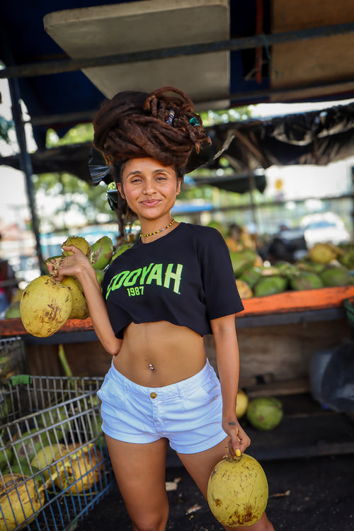 Cooyah Trinidad - Women's black crop top with neon Cooyah print.  Soft, 100% ringspun cotton.