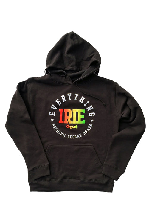 Cooyah Jamaica. Everything Irie women's pullover black hoodie. Screen printed in rasta colors. Jamaican streetwear clothing brand.