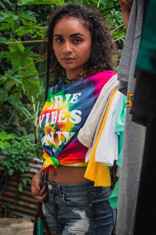 Cooyah Jamaica short sleeve women's tie-dye shirt.  Jamaican reggae clothing.  Irie Vibes Only