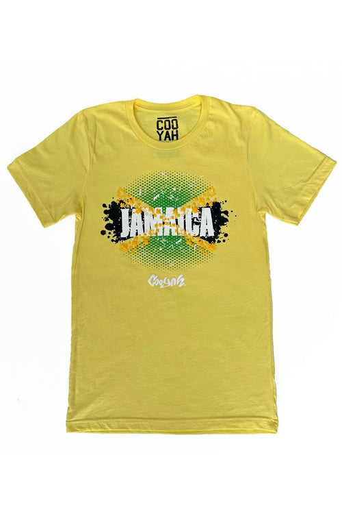 Cooyah Jamaica women's yellow crew neck t-shirt with Jamaican flag print.  Reggae style.  IRIE