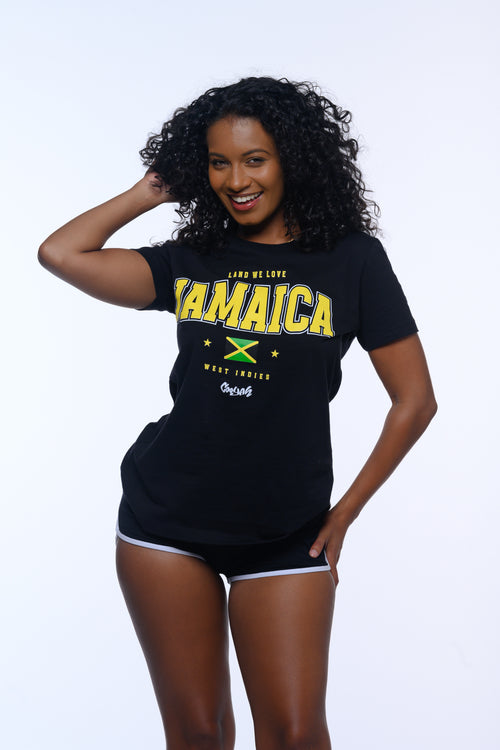 Cooyah. Jamaica Land We Love women's graphic tee in black. We are a Jamaican streetwear clothing brand. Established in 1987.