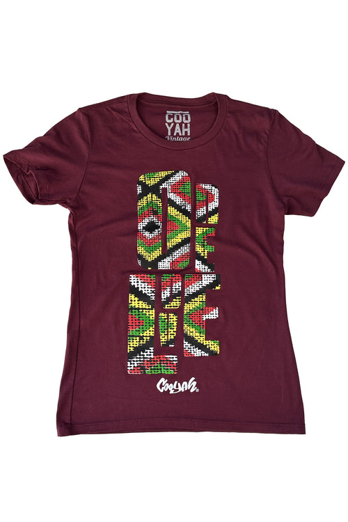 Cooyah Jamaica. One Love Africa Print graphic tee. Women's short sleeve, ringspun cotton tee in burgundy. Jamaican clothing brand.