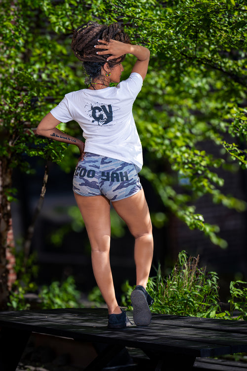 Cooyah Clothing.  Explore our collection of women's Rasta Lion Sparkle v-neck tees and camouflage athleisure shorts.  