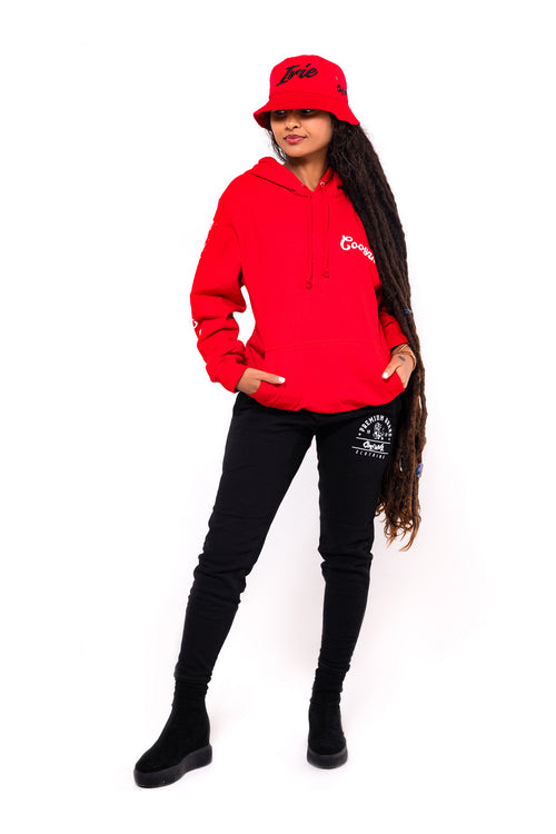 Cooyah Ladies Red Blessed Hoodie.  We are a Jamaican streetwear clothing brand established in 1987.  Irie