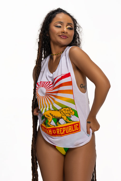 Cooyah, Reggae Republic women's tank top featuring a rasta lion in the sun. Screen printed on soft, breathable 100% ringspun cotton. IRIE