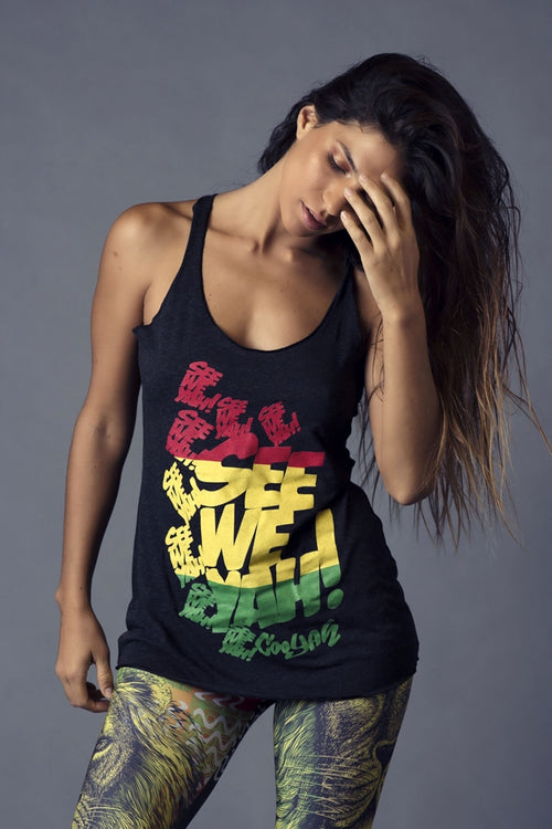 Cooyah Jamaica - women's black racerback tank top with See We Yah, Jamaican patois graphic.  Reggae style clothing.