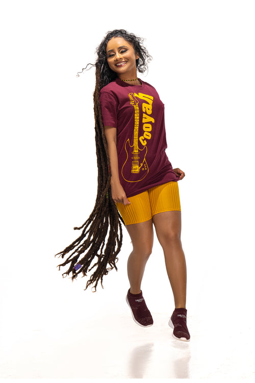 COOYAH Jamaica. Women's relaxed fit Guitar tee in burgundy. Jamaican reggae clothing brand since 1987. IRIE