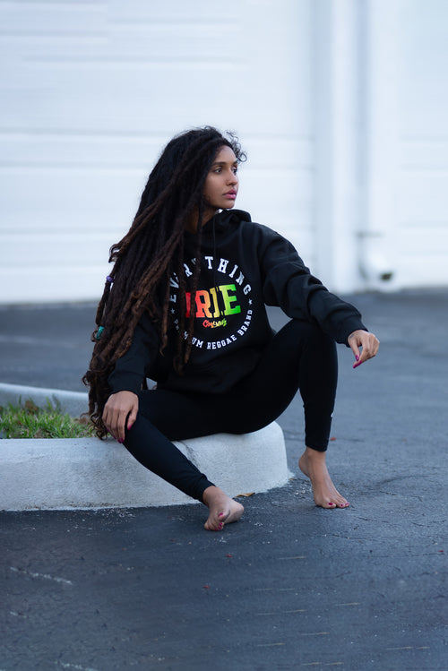 Cooyah Jamaica.  Everything Irie women's pullover black hoodie.  Screen printed in rasta colors.  Jamaican streetwear clothing company since 1987.