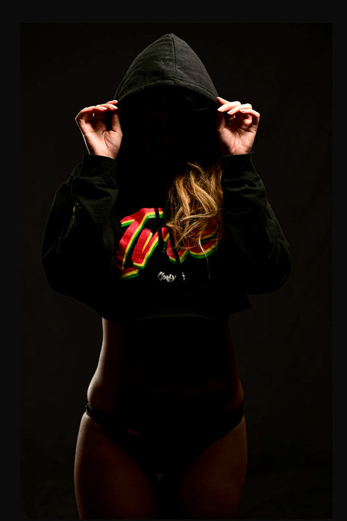 Cooyah Jamaica. Irie Rasta cropped Hoodie. Screen printed with reggae colors. Jamaican streetwear clothing brand since 1987.