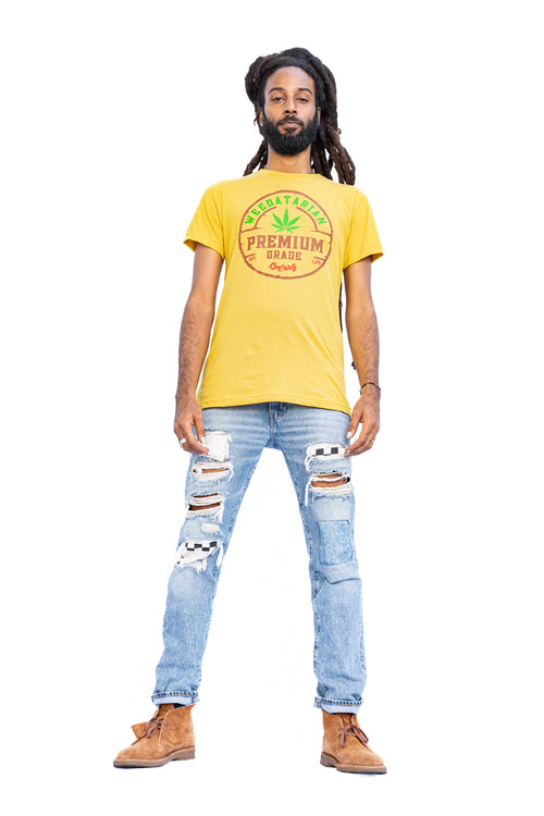 Cooyah Jamaica. Weedatarian High Grade men's reggae graphic tee. Ringspun cotton, short sleeve, rasta cannabis tee. Jamaican clothing brand. IRIE