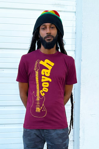 Cooyah Jamaica. Reggae your world with the men's Vintage Guitar graphic tee in burdundy. Jamaican clothing brand since 1987. IRIE