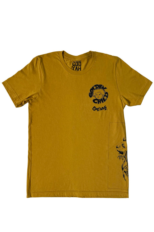 Cooyah X Don Yute collaboration graphic tee.  Golden Child men's graphic tee in mustard yellow.  We are a Jamaican owned clothing brand.  Established in 1987.