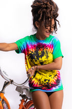 Load image into Gallery viewer, ooyah Jamaica. Dread and Lion tie-dye tee. Rasta design screen printed on ringspun cotton. Reggae clothing women&#39;s top. IRIE
