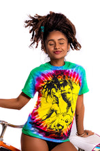 Load image into Gallery viewer, Cooyah Jamaica.  Dread and Lion tie-dye tee.  Rasta design screen printed on ringspun cotton.  Reggae clothing women&#39;s top. IRIE
