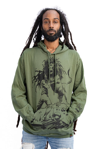 Cooyah rootswear men's rasta hoodie with Dread and Lion graphic.  Jamaican streetwear clothing.