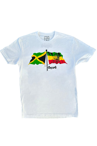 Cooyah Clothing, men's graphic tee with Ethiopian and Jamaican flag screen printed on ringspun cotton.   Rasta design.