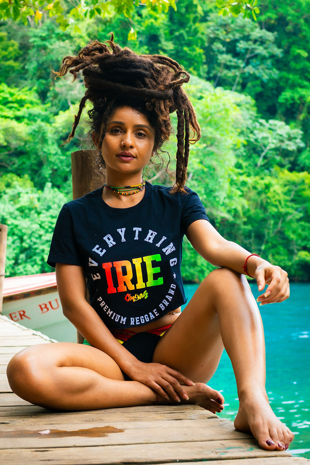 Cooyah Jamaica Everything Irie women's graphic tee screen printed in reggae colors.  Jamaican beachwear clothing.  Rasta style.