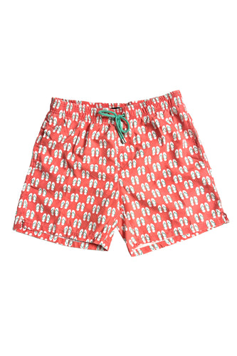 Cooyah Jamaica.  Men's coral swim shorts.  Tropical flip flops print.  We are a Jamaican clothing brand established in 1987.
