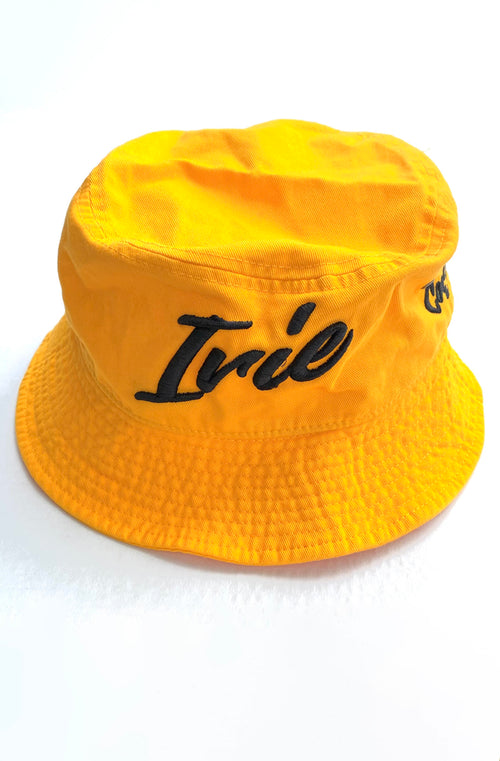 Cooyah Jamaica. Irie Embroidered Bucket hat in gold. Jamaican clothing brand.  Regage style.