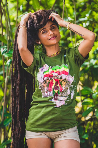 Cooyah Clothing Brand.  Haile Selassie on a Horse in Ethiopia t-shirt in olive green.  Ethiopian Flag.
