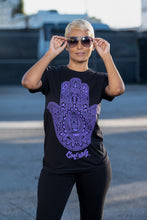 Load image into Gallery viewer, Cooyah Clothing Hamsa black short sleeve graphic tee with purple print
