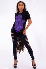 Load image into Gallery viewer, Cooyah Clothing Hamsa black short sleeve graphic tee with purple print
